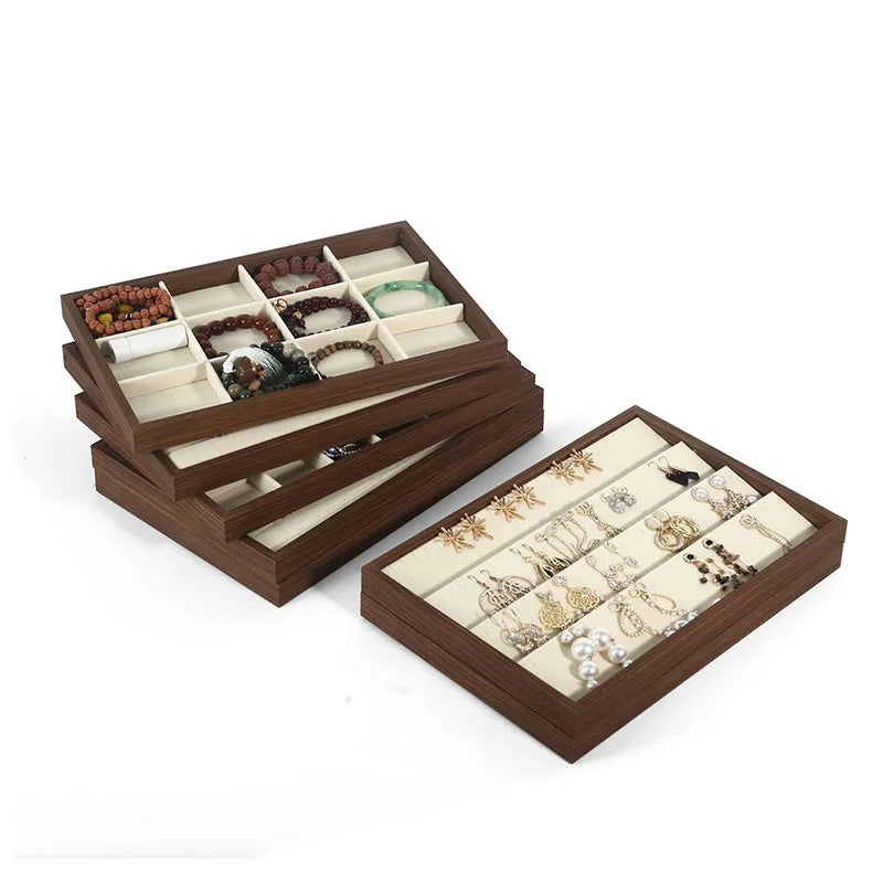 Plateau Bijoux Bois Noyer Velours Rétro
