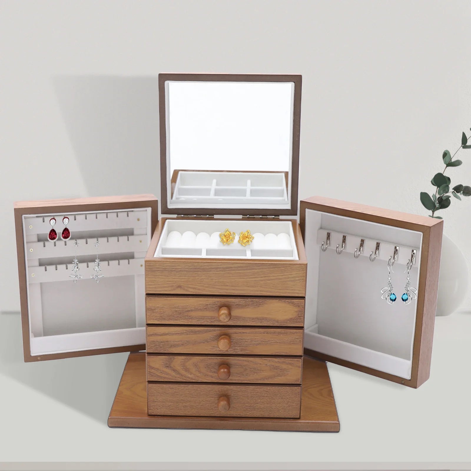 Boîte à Bijoux Bois 4 Tiroirs Miroir Intégré
