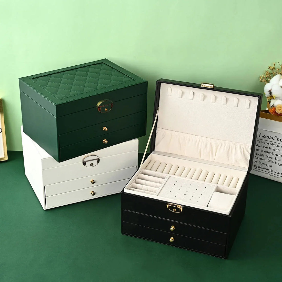 Boîte Bijoux Cuir Haut de Gamme Couvercle Vitré