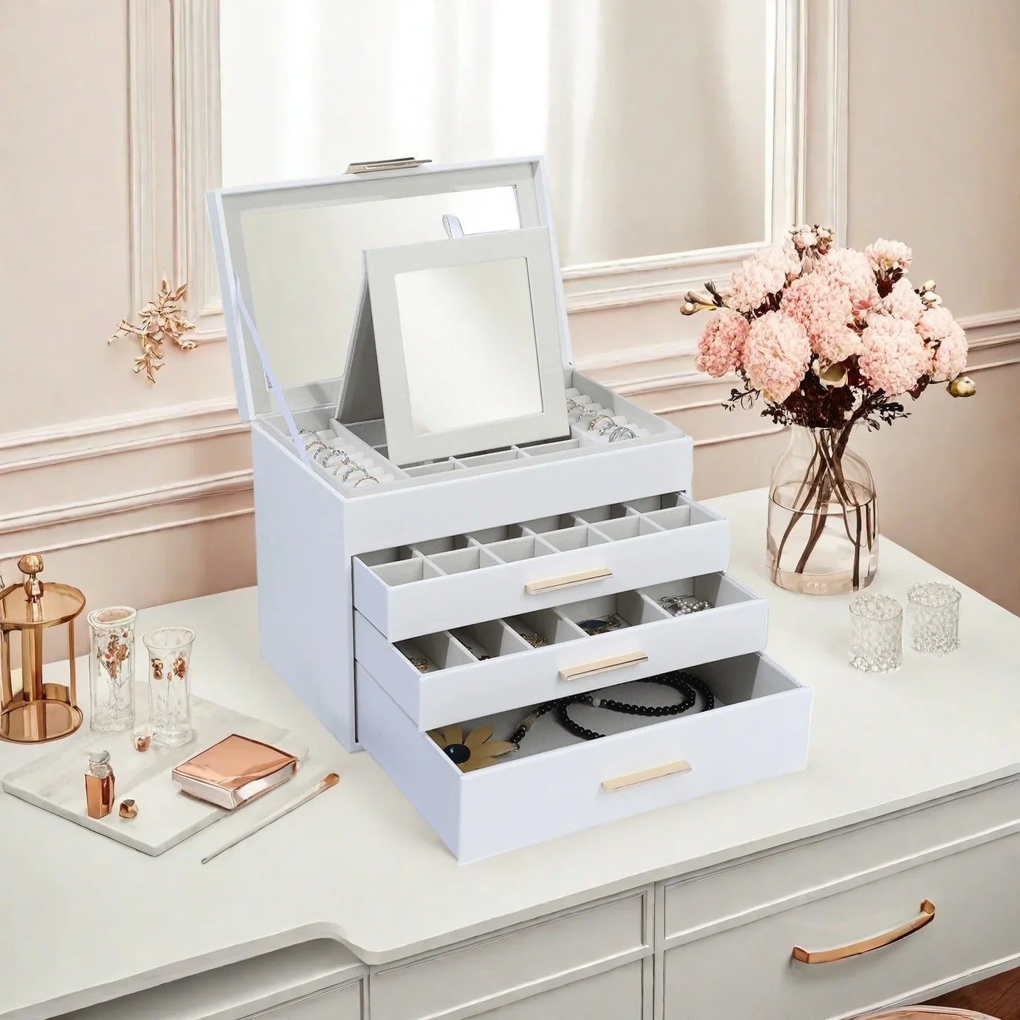 Boîte à Bijoux Cuir Miroir Coffret Noir