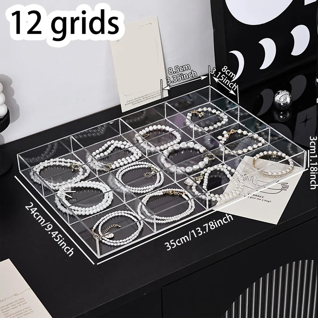 Plateau transparent 12 cases – vue d'ensemble avec les dimensions