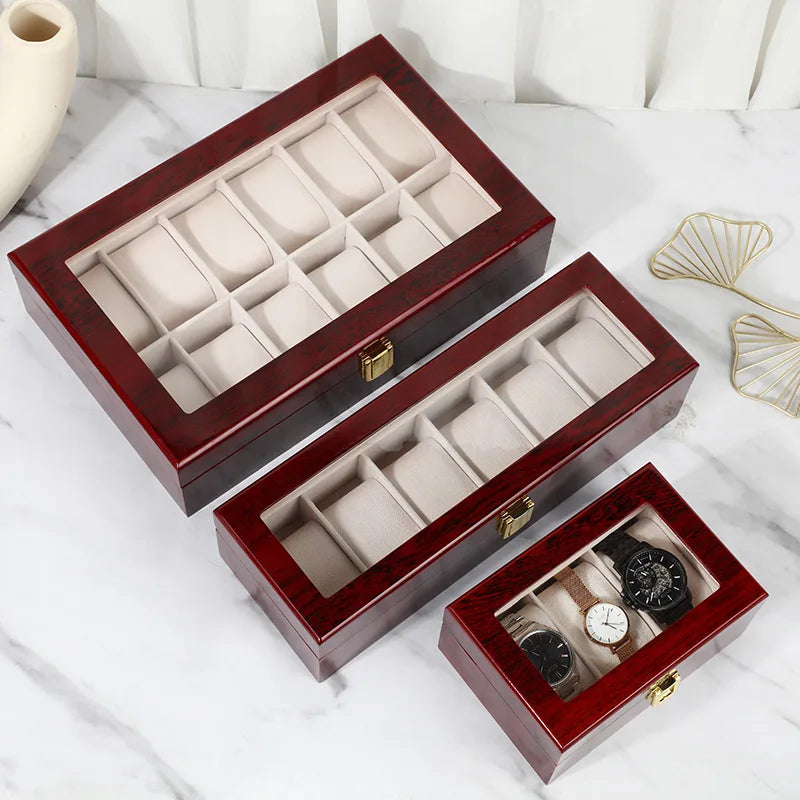 Coffre Fort Montre Bois Rouge Foncé Multi-Capacité