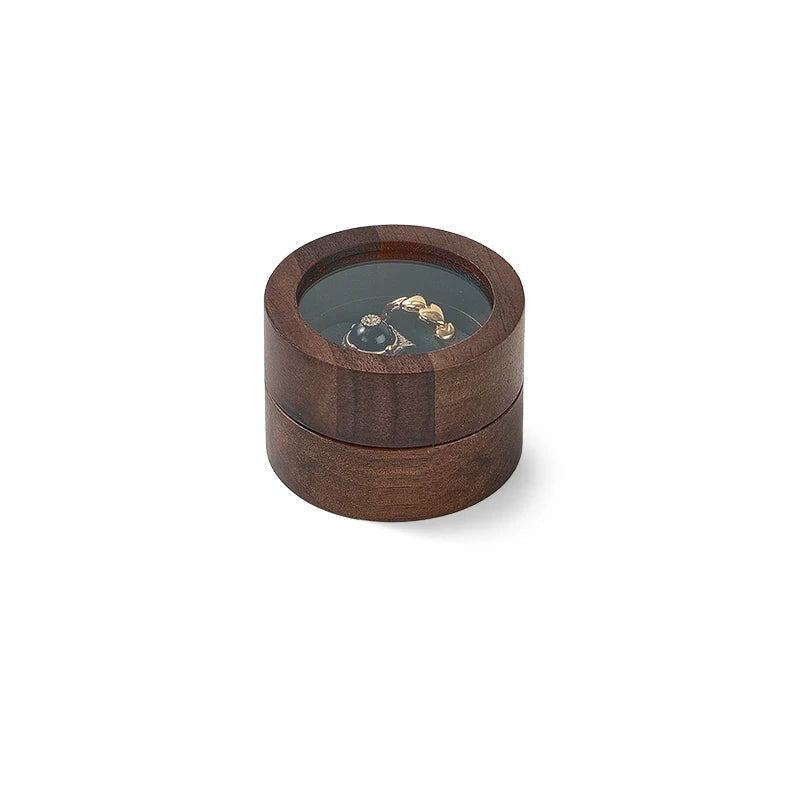Boîte à bague ronde en bois – 2 bagues, intérieur gris