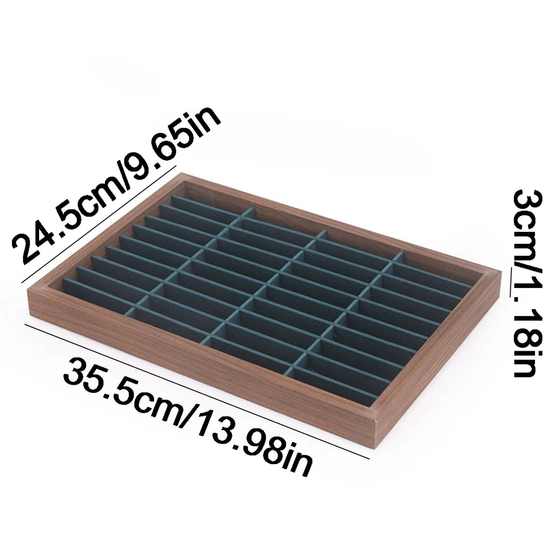 Plateau bracelets 40 emplacements – plateau vert avec ses dimensions : 35,5 x 24,5 x 3 cm