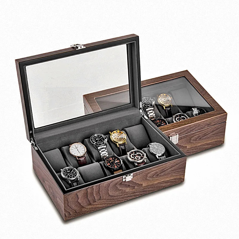 Coffret Montres Bois Noyer Vitrine 4 à 10 Places