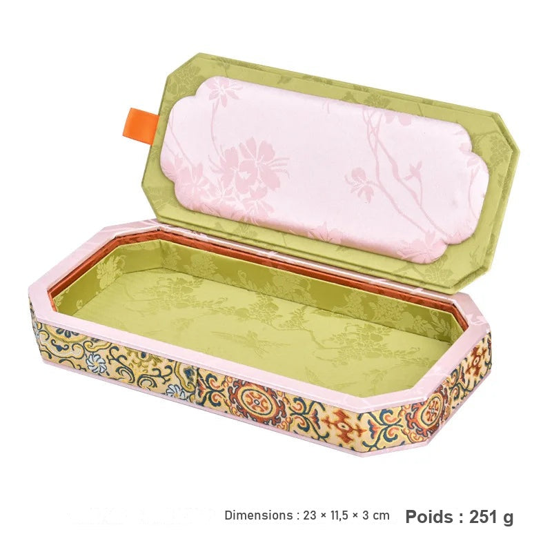 Boîte à bijoux en brocart vert – boîte à couvercle 23 x 11,5 x 3 cm ouverte