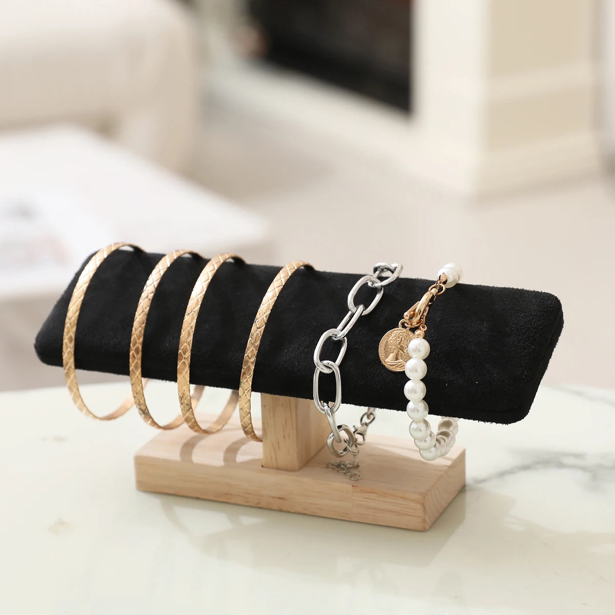 Présentoir Bracelet Bois Velours Cuir Forme T