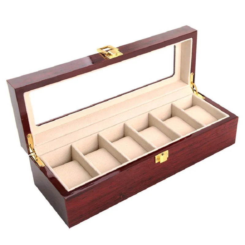Coffre Fort Montre Bois Rouge Foncé Multi-Capacité