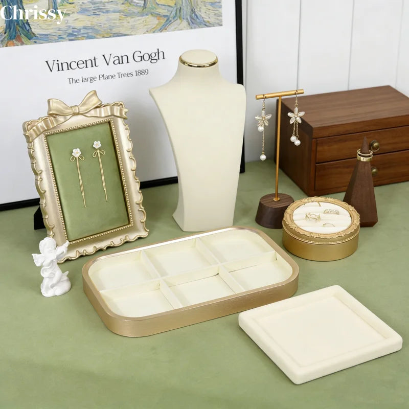 Plateau Bijoux Velours Beige Métal Doré