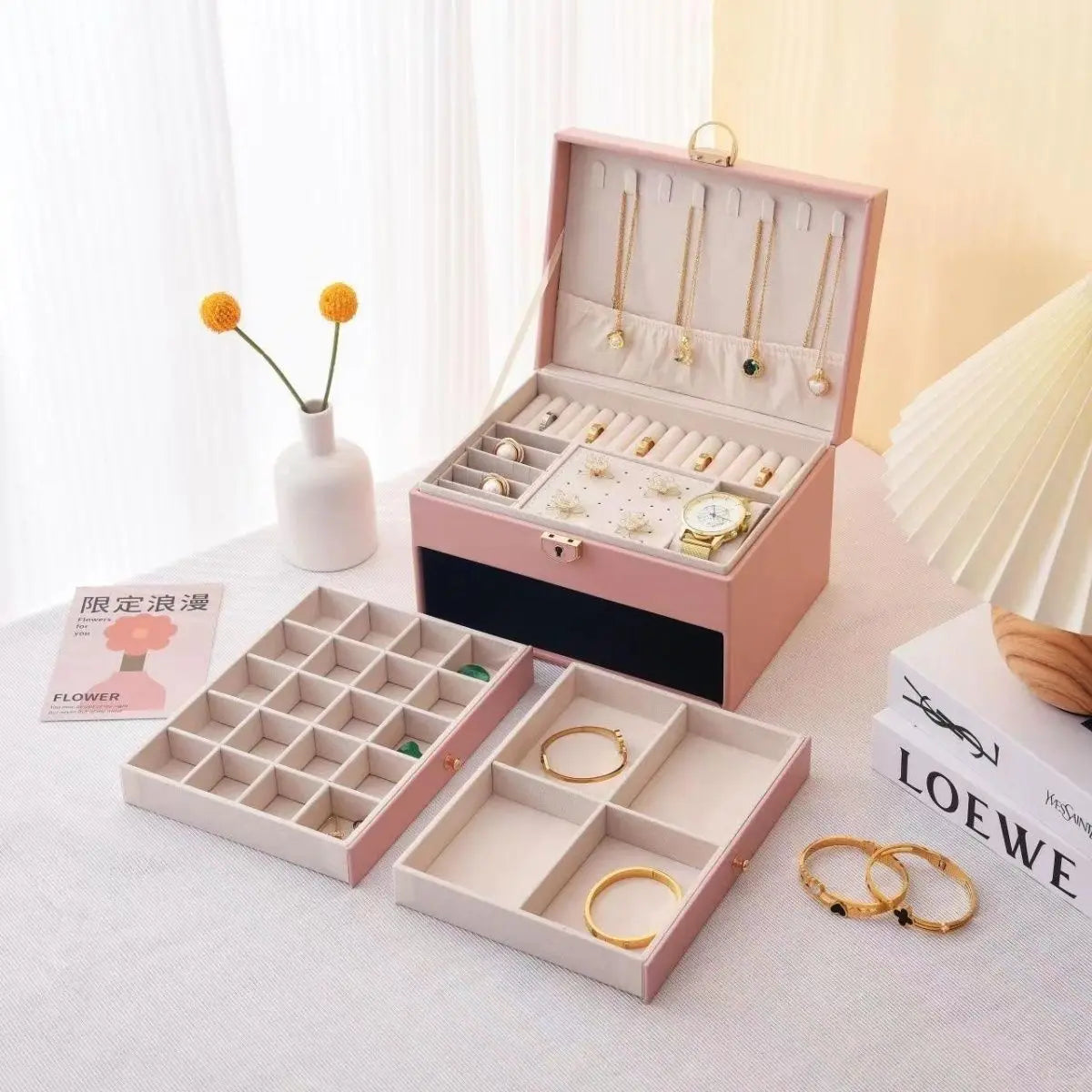 Boîte à Bijoux Cuir Double Niveau 12 Compartiments