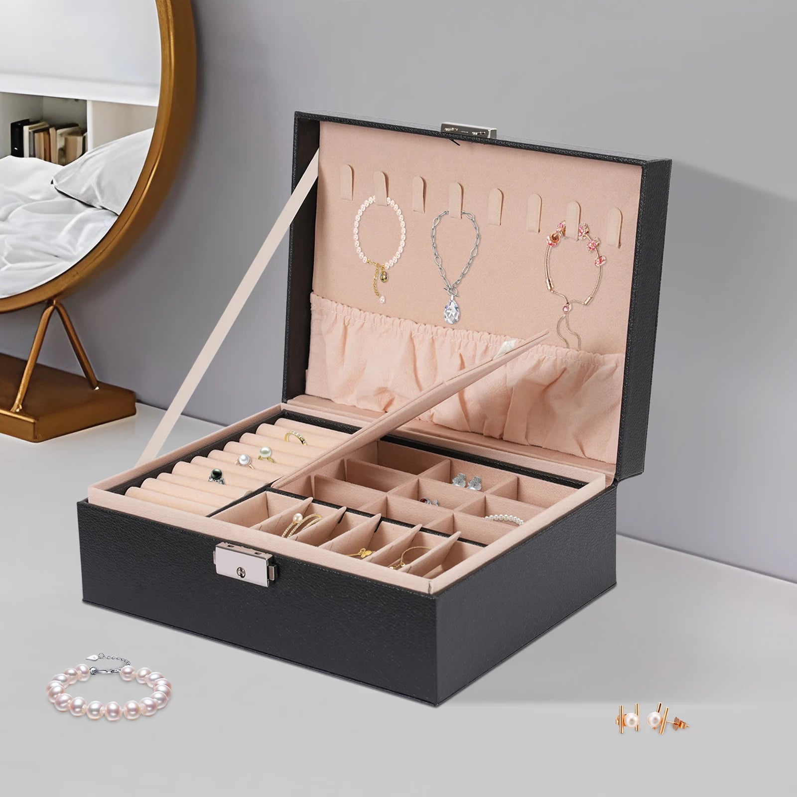 Boîte Bijoux Cuir Noir Velours Verrouillage