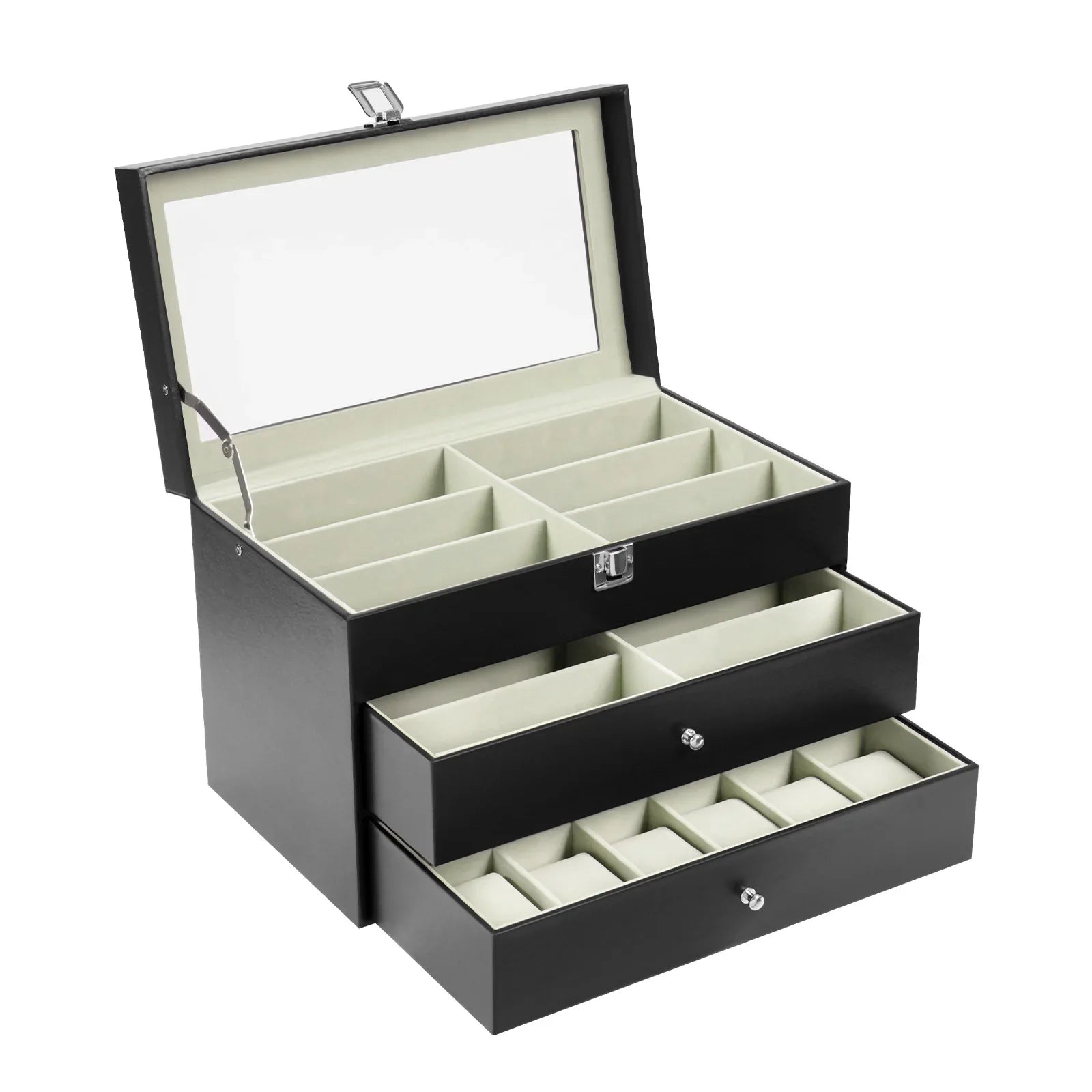 Coffret Montres Cuir Lunettes 3 Niveaux 24 Compartiments
