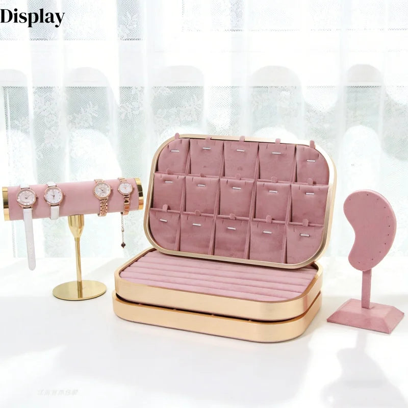 Plateau Bijoux Velours Rose Métal Multifonction