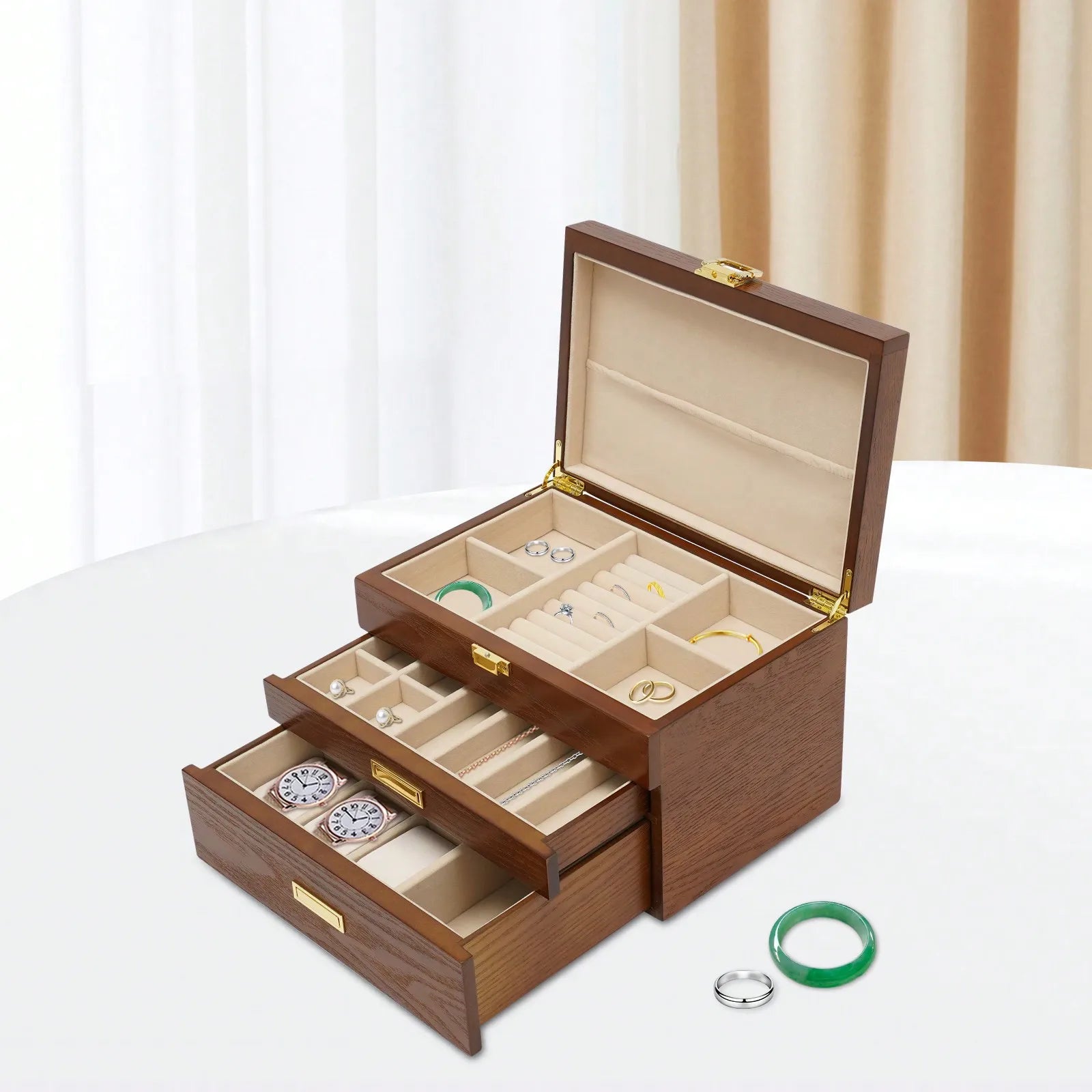 Boite Bijoux Bois Velours Japonais 3 Niveaux