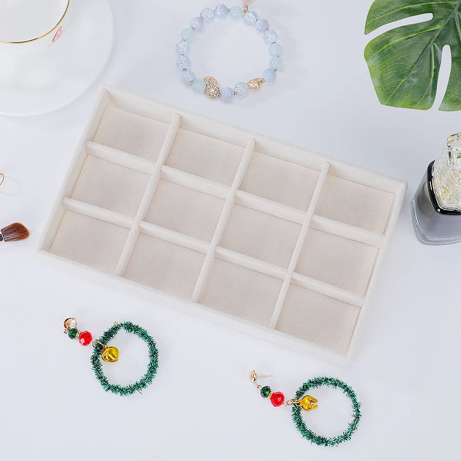 Plateau Bijoux Velours Beige Multi-Compartiments