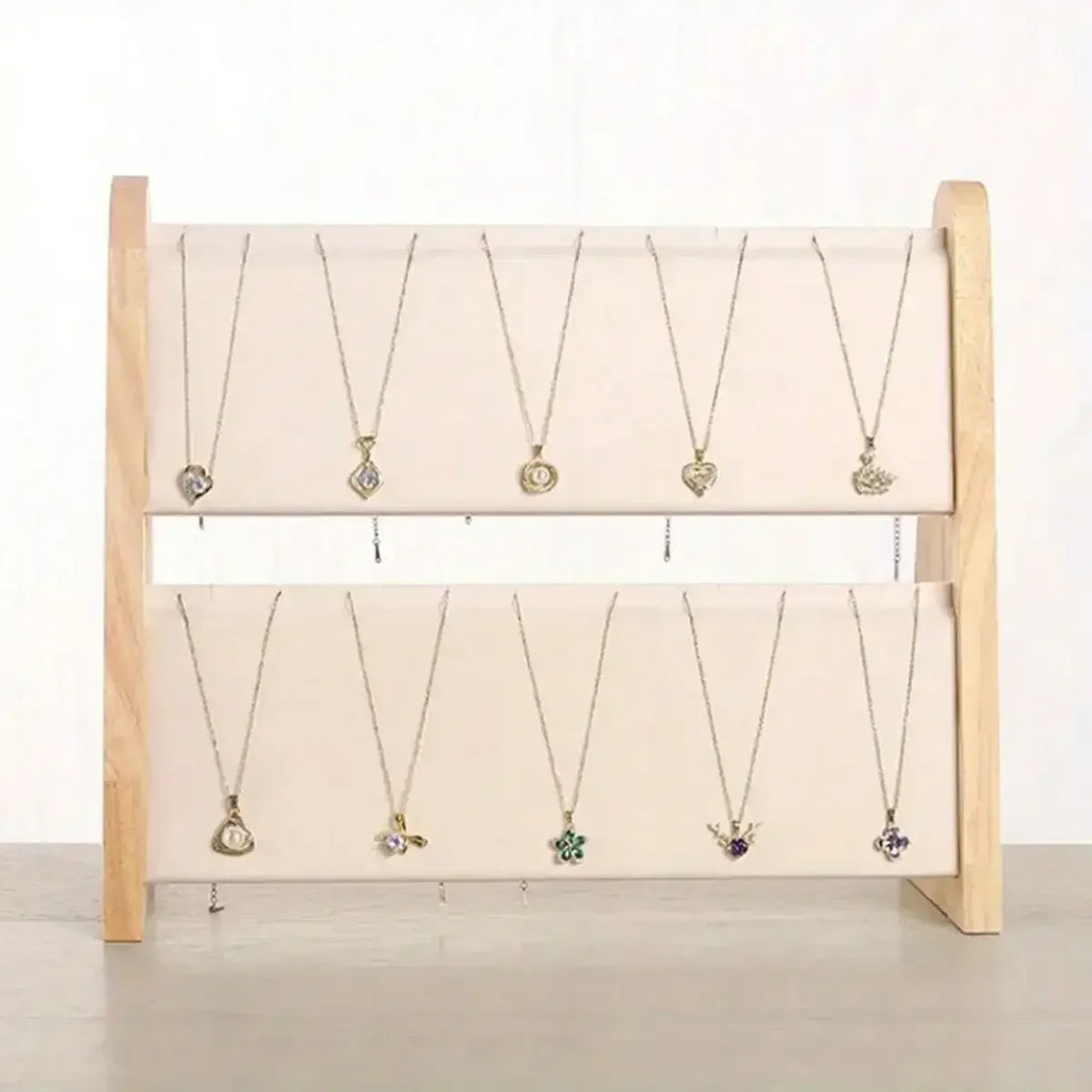 Présentoir collier bois 2 étages – présentoir 2 étages avec colliers à pendentifs suspendus