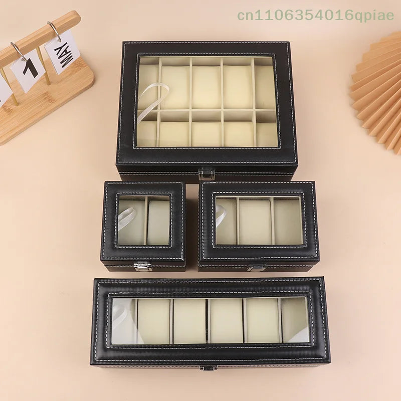 Boîte Montre Cuir Noir Verre Coussin Amovible