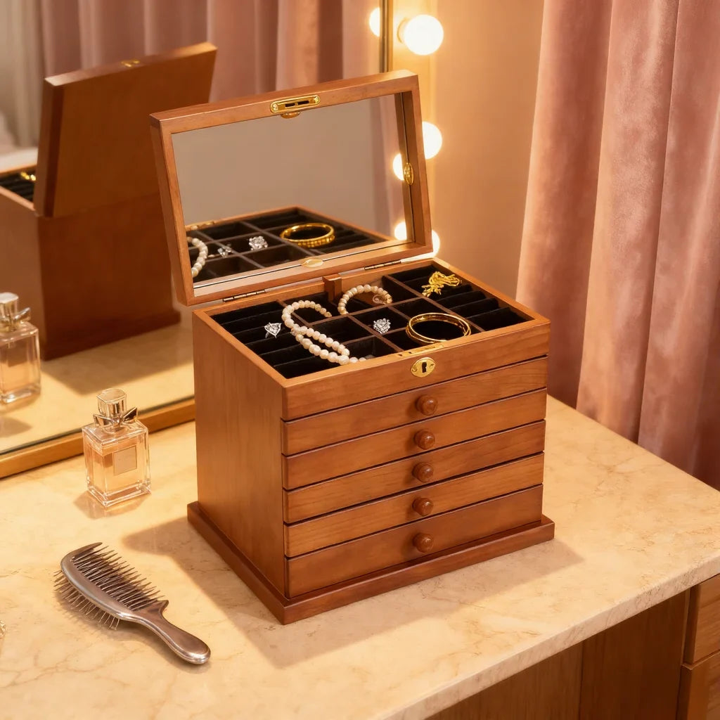 Boîte Bijoux Bois 6 Niveaux Miroir Serrure Classique
