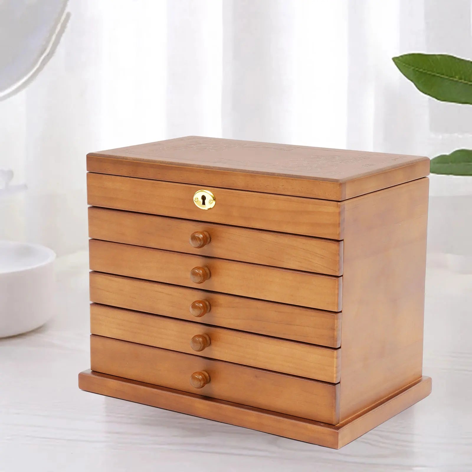 Boîte Bijoux Bois Massif 6 Tiroirs Miroir Serrure