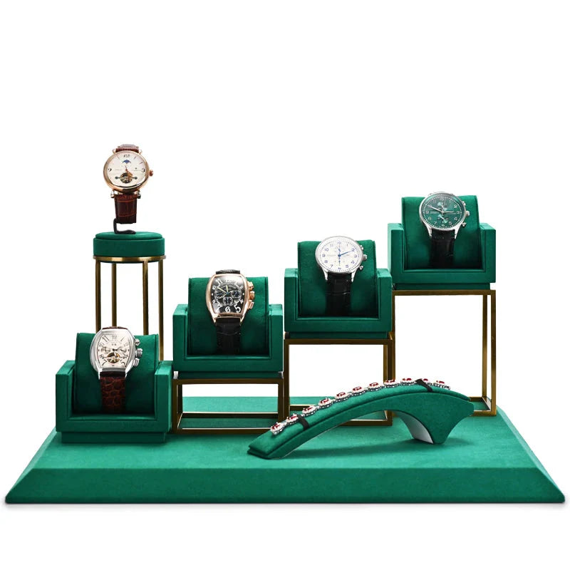 Présentoir Montre Métal Vert Microfibre Vitrine