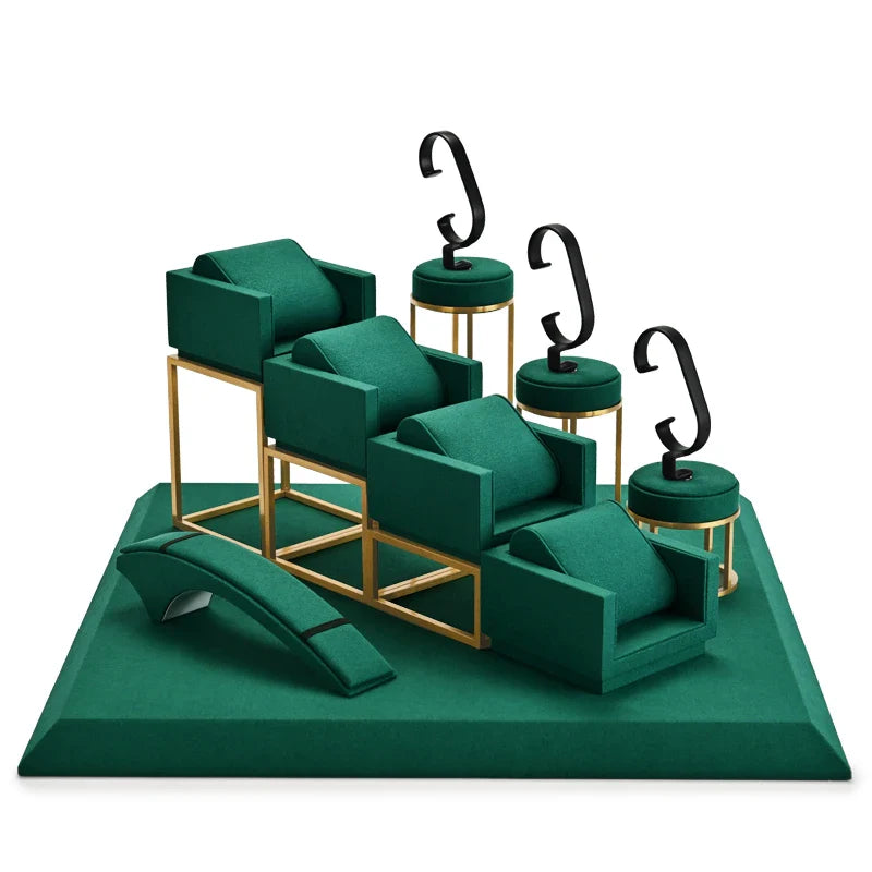 Présentoir Montre Métal Vert Microfibre Vitrine