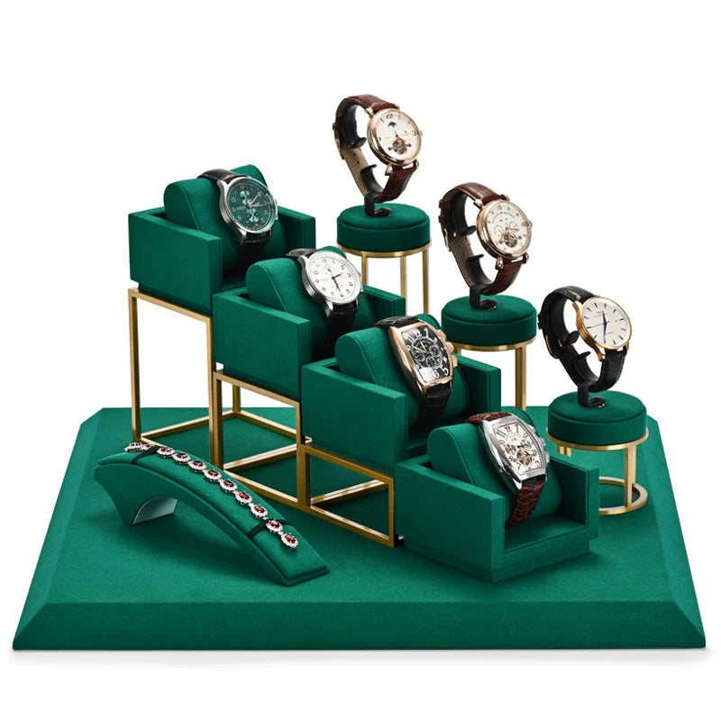 Présentoir Montre Métal Vert Microfibre Vitrine