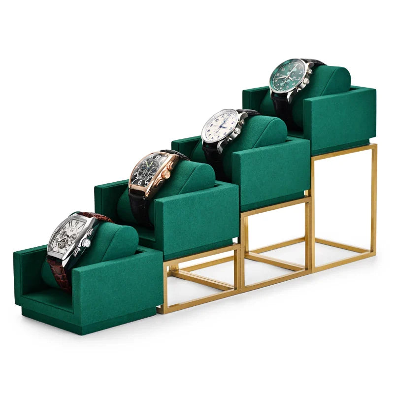 Présentoir Montre Métal Vert Microfibre Vitrine