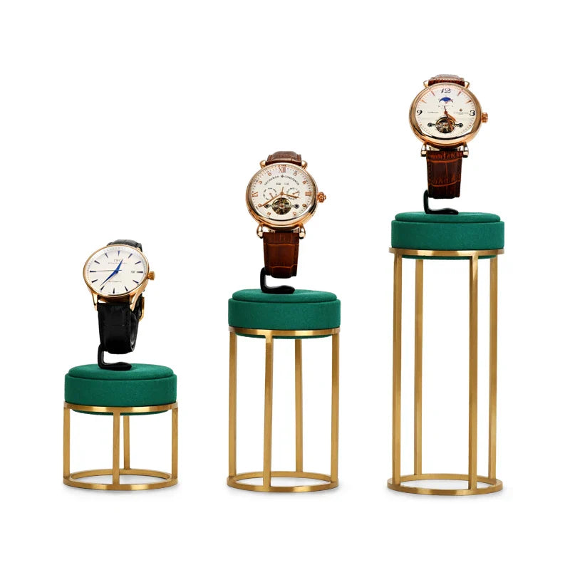 Présentoir Montre Métal Vert Microfibre Vitrine