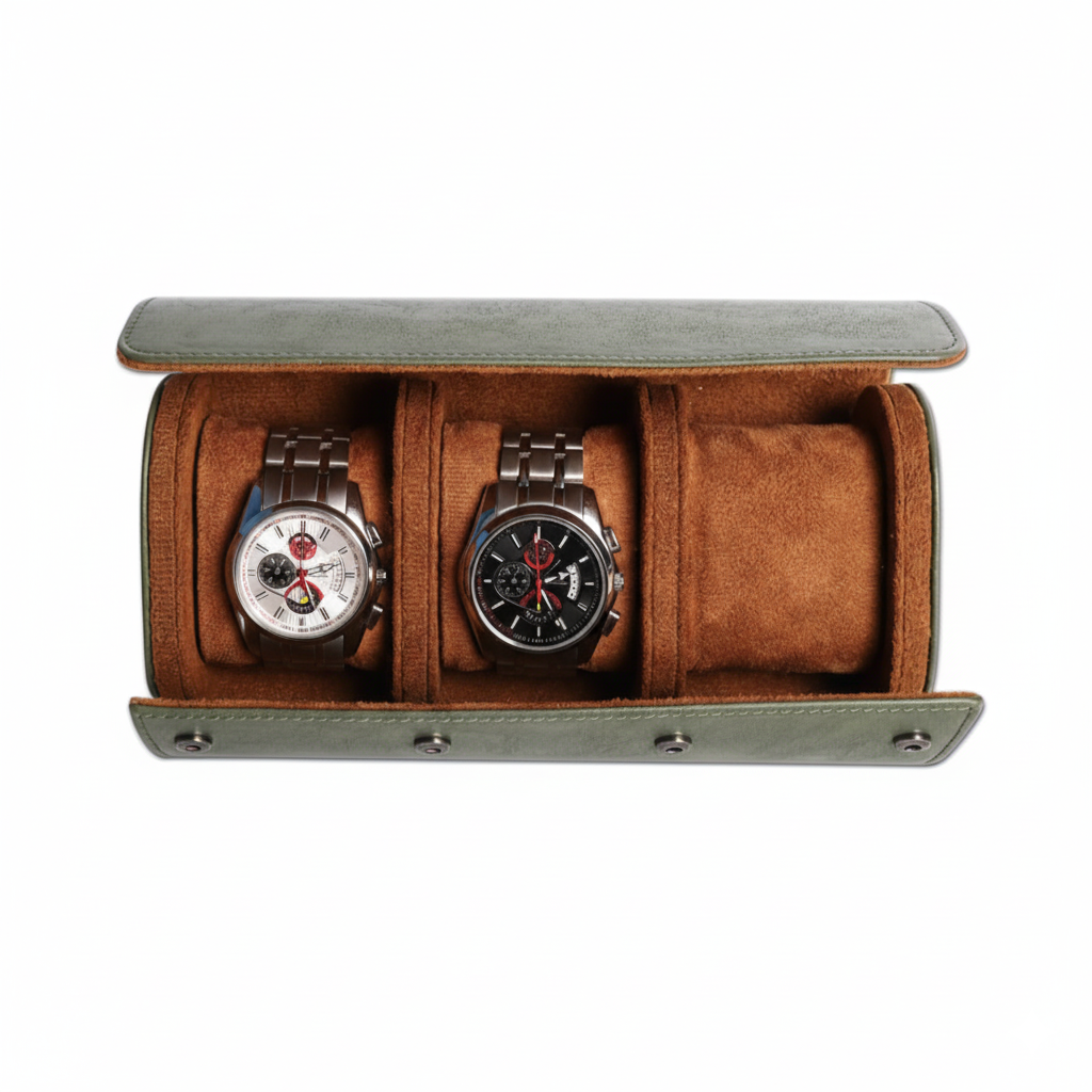 Étui Voyage Montre Cuir Kaki Rouleau