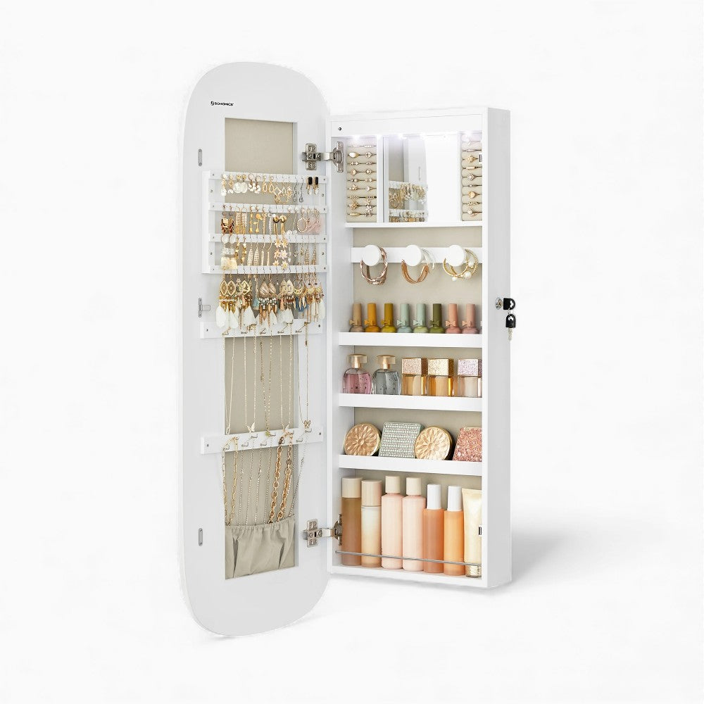 Armoire à Bijoux Murale Blanche Miroir Arrondi et LED – porte ouverte avec bijoux et cosmétiques