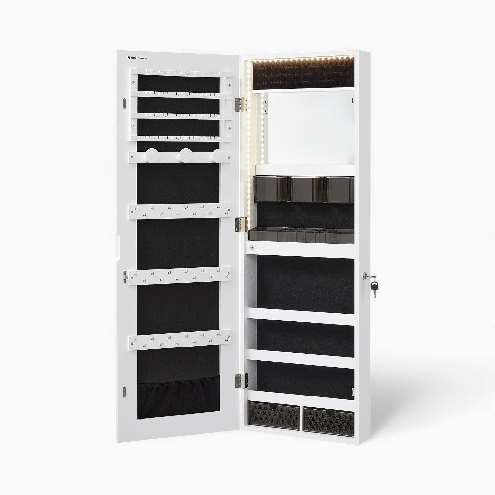 Boîte à Bijoux Murale Bois LED Blanc Miroir