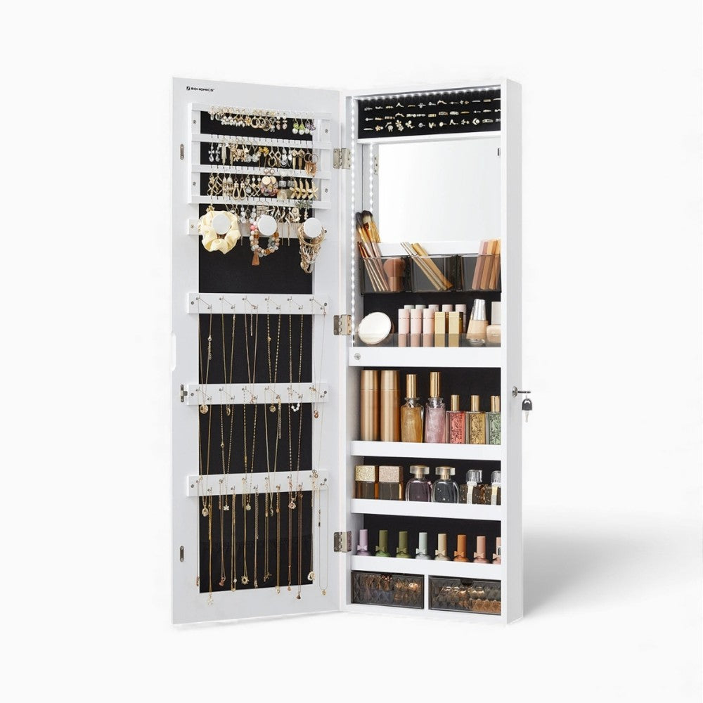 Boîte à Bijoux Murale Bois LED Blanc Miroir
