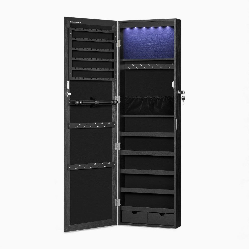 Boîte à Bijoux Murale Bois Noir Miroir LED