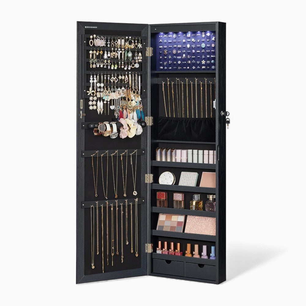 Boîte à Bijoux Murale Bois Noir Miroir LED