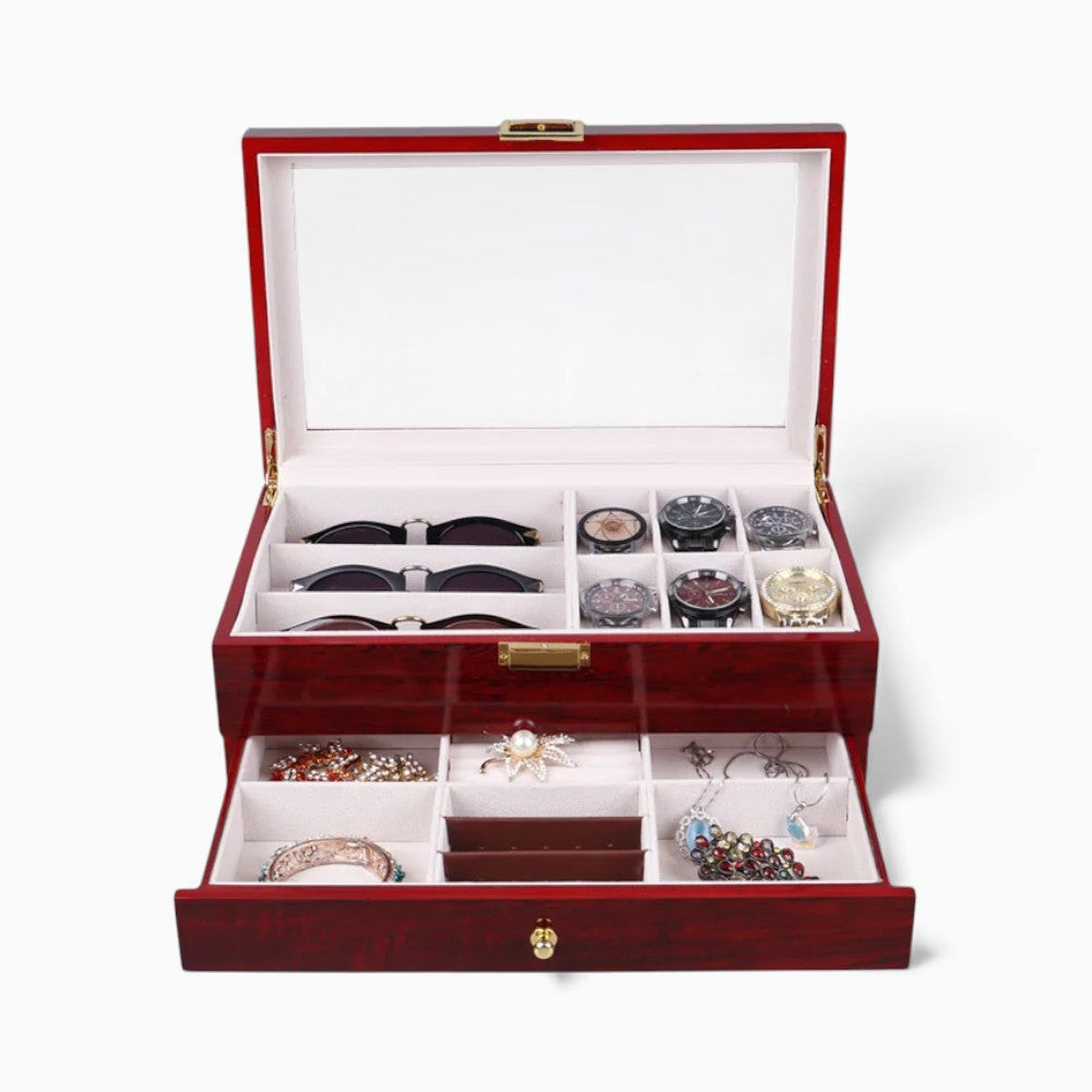 Boîte Montre Bijoux Bois Rouge Transparent