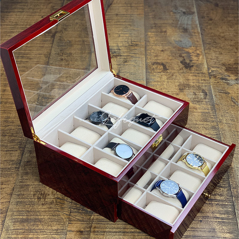 Coffret Montre Bois Marron 20 Slots Tiroir Velours