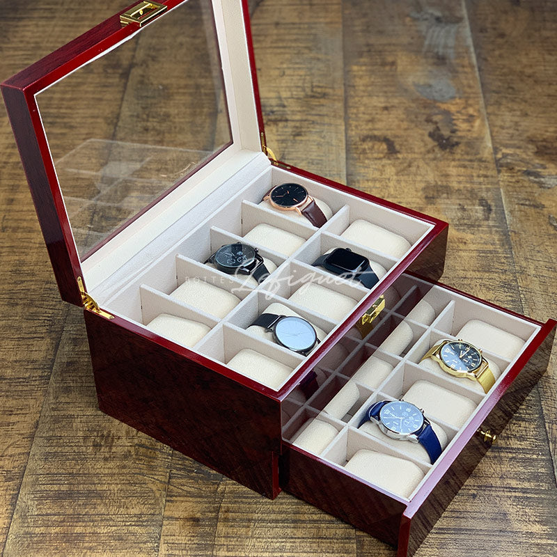 Coffret Montre Bois Marron 20 Slots Tiroir Velours