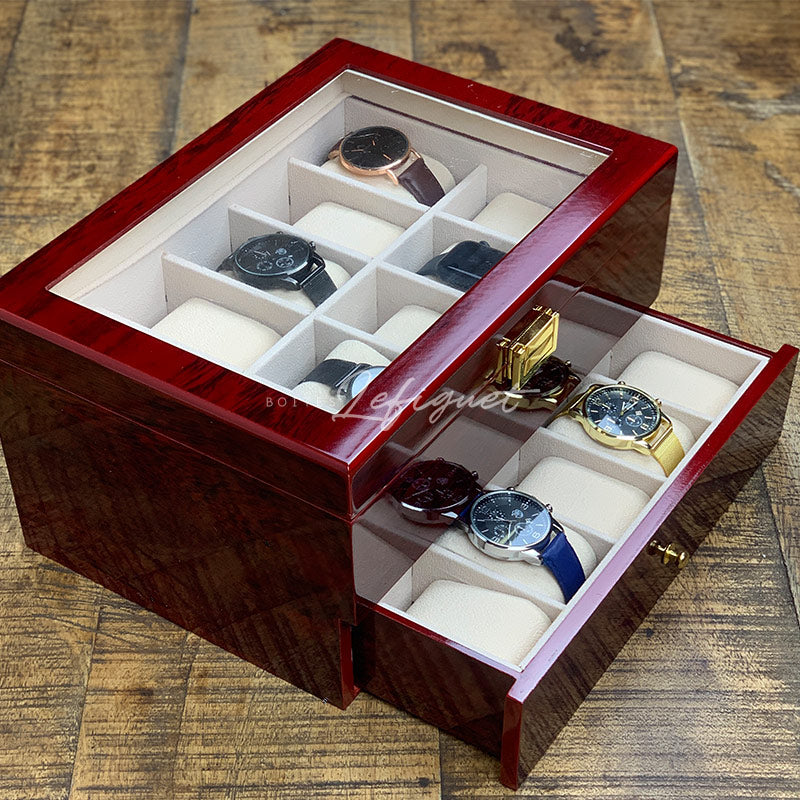 Coffret Montre Bois Marron 20 Slots Tiroir Velours