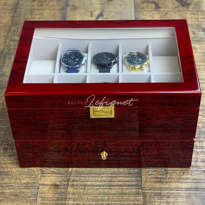 Coffret Montre Bois Marron 20 Slots Tiroir Velours