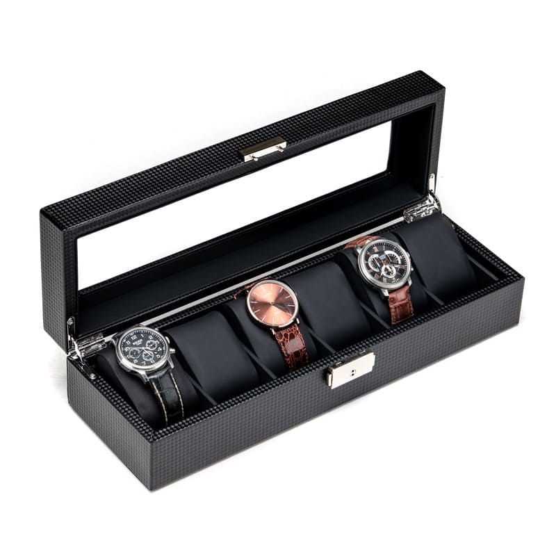 Boîte Montre Bois Carbone Velours 6 Slots