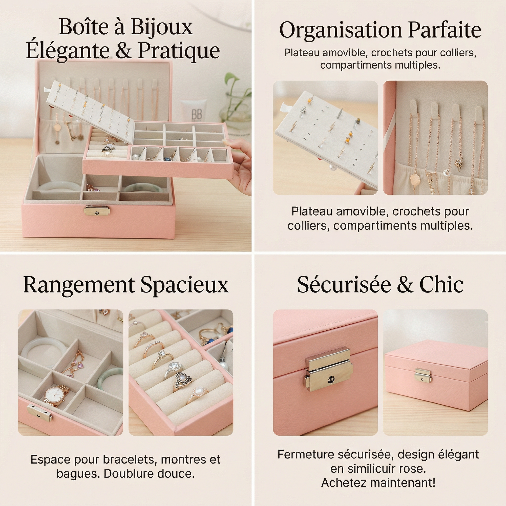 Boîte à Bijoux Velours Tiroirs Moderne 80 Emplacements