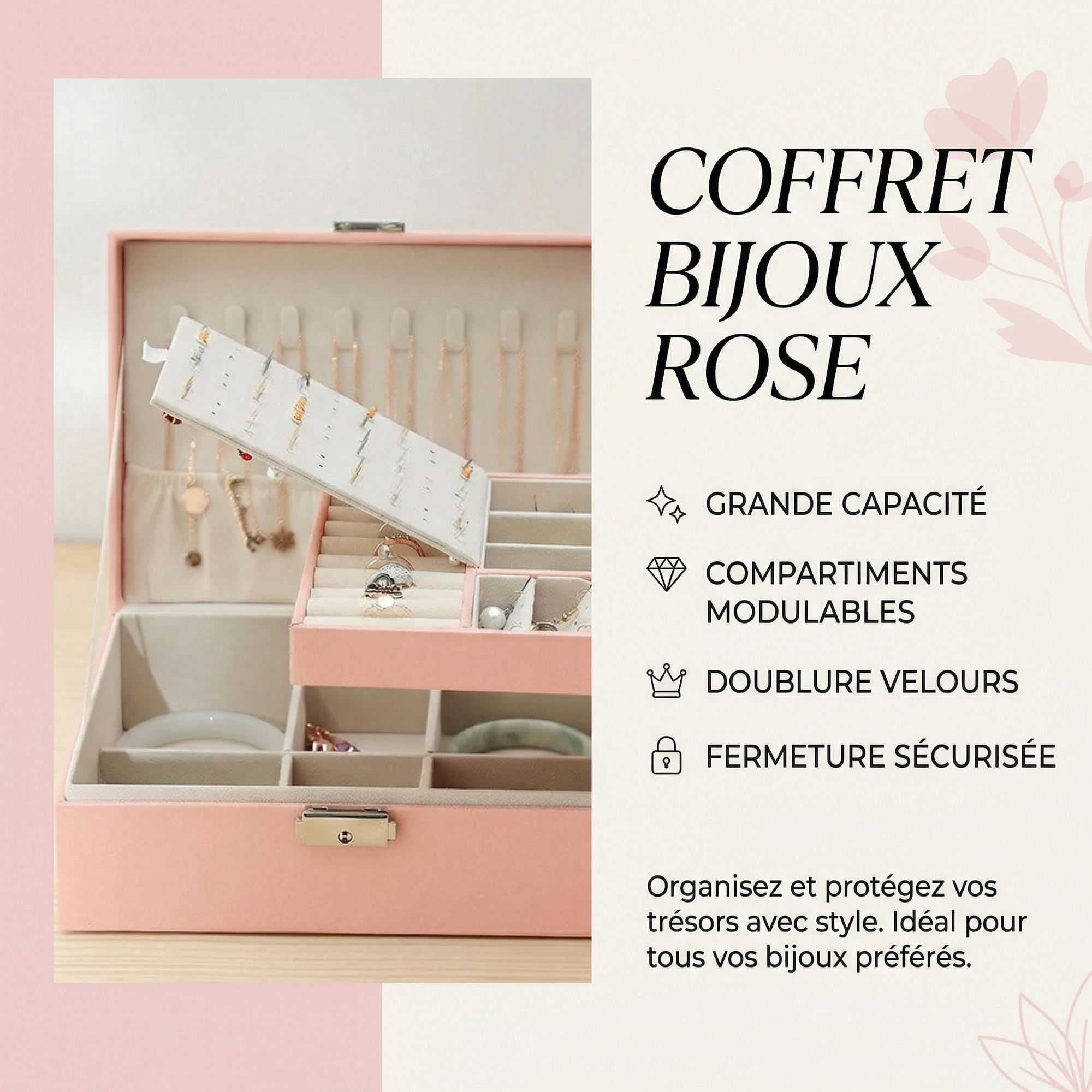 Boîte à Bijoux Velours Tiroirs Moderne 80 Emplacements
