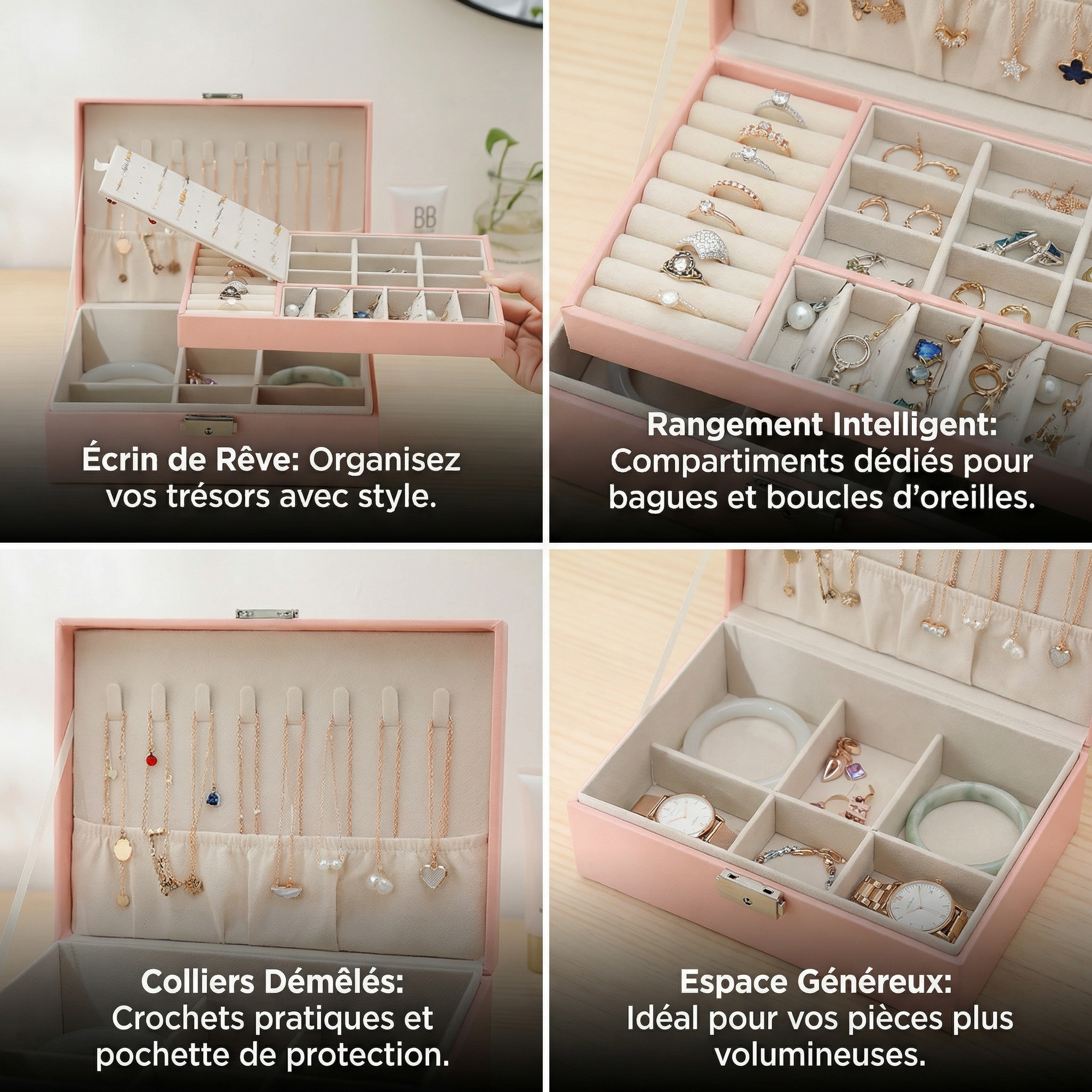 Boîte à Bijoux Velours Tiroirs Moderne 80 Emplacements