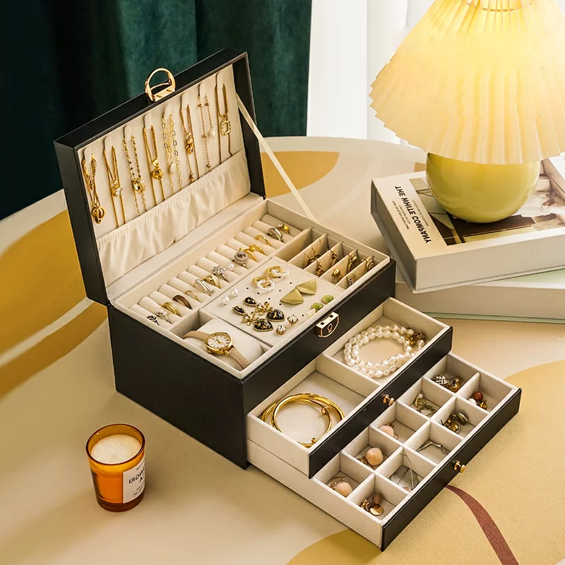 Boîte Bijoux Velours Tiroirs 2 Étages Femme