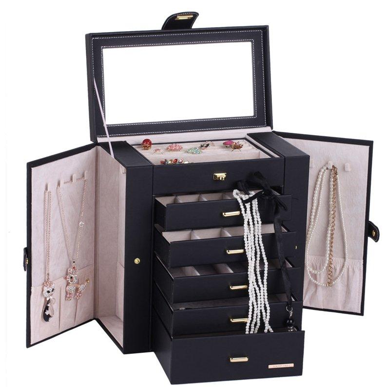 Boite Bijoux Cuir Noir Grand Format 5 Tiroirs