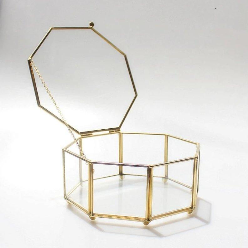Boite Bijoux Metal Dore Verre Hexagonale