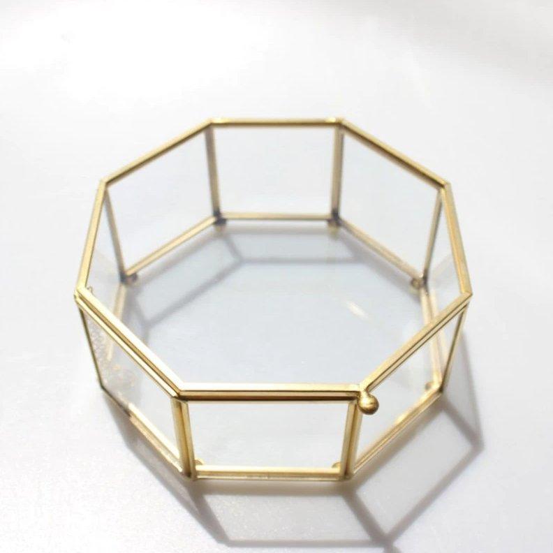 Boite Bijoux Metal Dore Verre Hexagonale