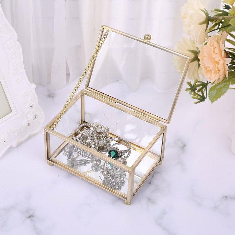 Boite Bijoux Metal Dore Verre Vintage
