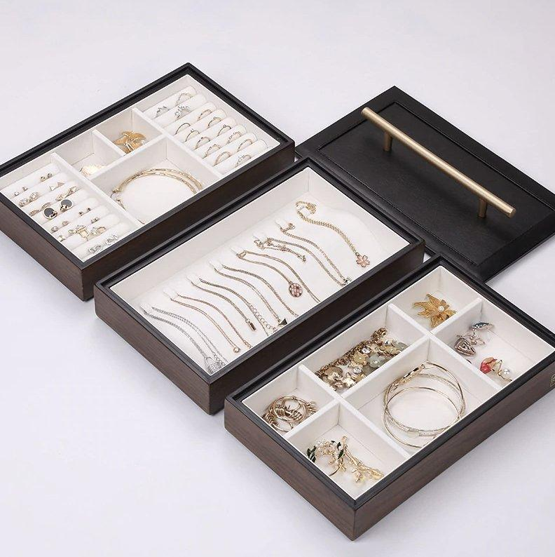 Boîte Bijoux Bois Noyer Velours 3 Niveaux