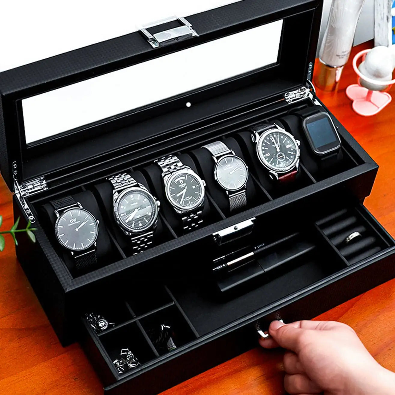 Boîte Montres Bijoux Velours Noir 6 Places